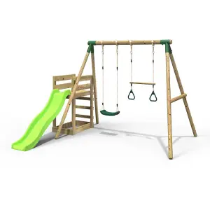 Rebo Wooden Swing Set plus Deck & Slide - Janus Green