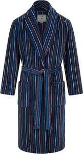 John Christian Men's Warm Fleece Dressing Gown, Navy With Multicoloured Stripes