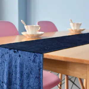 Neel Blue Crushed Velvet Table Runner, Navy - 33cm x 274cm