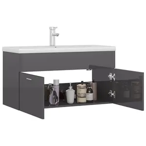 Berkfield Sink Cabinet with Built-in Basin High Gloss Grey Engineered Wood