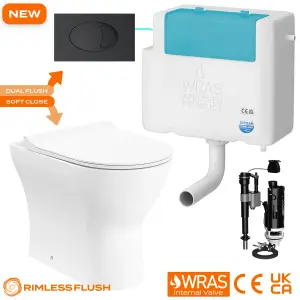 Bubly Bathrooms™ Back To Wall Toilet Rimless D Shape BTW Pan & Side Entry Dual Flush Concealed Cistern Set - Matt Black Plate