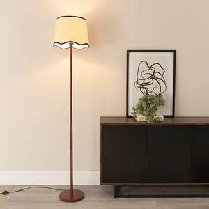 ValueLights Heather Dark Wood Stem Floor Lamp with Scallop Black Trim Tapered Shade and LED Bulb