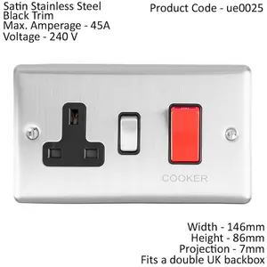 45A DP Oven Switch & Single 13A Switched Power Socket SATIN STEEL & Black Trim