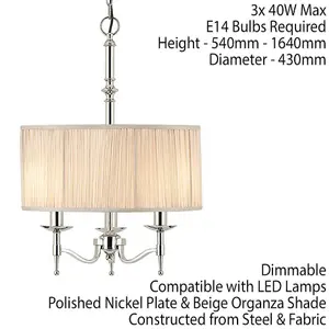 Avery Ceiling Pendant Chandelier Light 3 Lamp Bright Nickel & Beige Round Shade