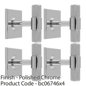 4 PACK - Knurled T Bar Cabinet Door Knob & Matching Backplate - Polished Chrome 40 x 40mm