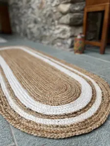 KHIDAKEE Oval Border Natural Rug Hand Woven Jute / 90 cm x 150 cm