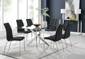 Furniturebox UK Leonardo Glass And Chrome Metal Dining Table And 6 Black Isco Faux Leather Chairs