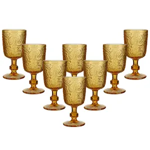 Set of 8 Vintage Luxury Yellow Embossed Drinking Goblet Wine Glasses 300ml