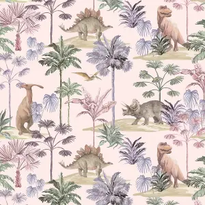 Dino Adventures Wallpaper in Soft Pink