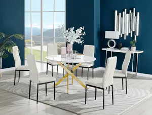 Furniturebox UK Novara White Gloss Gold Leg 120cm Round Dining Table & 6 Cream Velvet Milan Black Leg Chairs