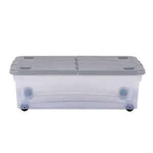 Wham 3 Piece Multisize Stackable Plastic Storage Box with Wheels & Folding Lid Clear/Cool Grey