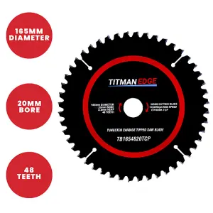 Titman Edge TCT Thin Kerf Fine Finish Circular Saw Blade 165mm x 20mm x 48 Tooth - TB1654820TCP