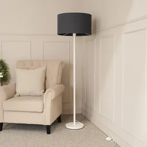 ValueLights Charles White Single Stem Floor Lamp with Charcoal Drum Lamp Shade and LED Bulb