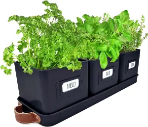 3-Pack Herb Pots for Kitchen Windowsill - Black Indoor Planter with Leather Tray & Labels, Perfect for Herbs & Small Plants