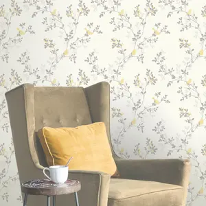 Colours Nadia Soft lemon Mica effect Birds & foliage Smooth Wallpaper Sample