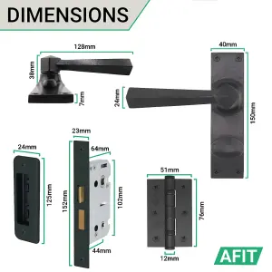 AFIT Black Iron Bathroom Door Handle Set- 2 Pairs Black Antique Internal Handles, Hinges (76mm) & Locks (64mm) - Tudor Range