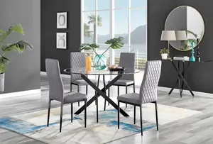 Furniturebox UK Novara Black Leg 120cm Round Glass Dining Table & 4 Grey Velvet Milan Black Leg Chairs