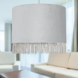 First Choice Lighting Fringed Silvery Grey 23cm Fringed Velvet Pendant Shade