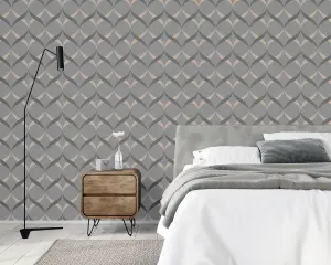 Arthouse Metallic Ogee Charcoal/Rose Gold Wallpaper