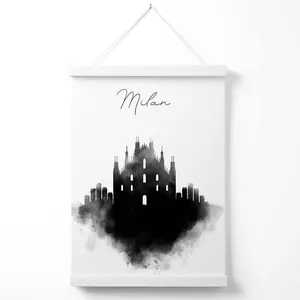 Milan Watercolour Skyline City Poster with Hanger / 33cm / White