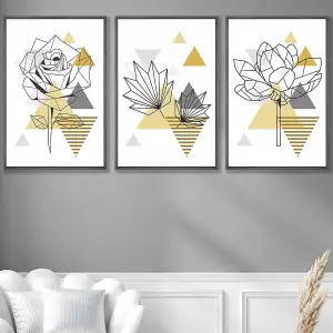 Set of 3 Framed Yellow and Grey Geometric Flowers Wall Art Prints / 50x70cm / Dark Grey Frame