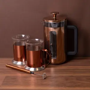 3pc Cafetière Gift Set with Copper Pisa 8-Cup Cafetière, Milk Frother and 2x Copper Coffee Mugs