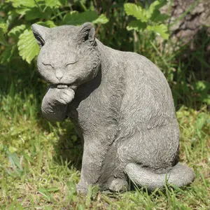 Preening Cat Stone Statue Animal Kitten Outdoor Garden Ornament Decoration British Made Sculpture