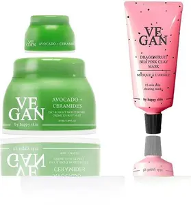 Vegan By Happy Skin Clear Avocado & Ceramides Moisturiser 50Ml + Avocado & Ceramides Eye Cream 10Ml Dragonfruit Bha Pink Clay Mask 50Ml