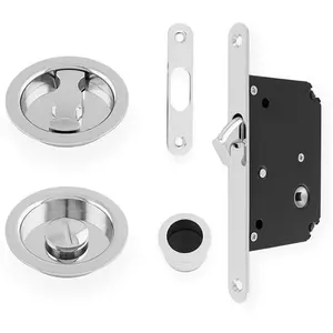 Sliding Pocket Door Lock & Latch Set - Polished Chrome Round Forend Finger Pull