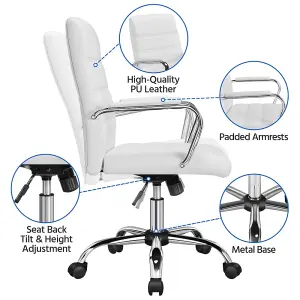 Yaheetech Height Adjustable PU Leather Office Chair with Armrests - White