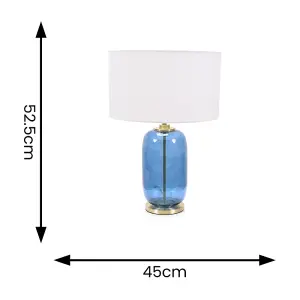 ValueLights Leigh Navy Blue Glass and Gold Detail Table Lamp with White Drum Shade Light - LED Bulb Included