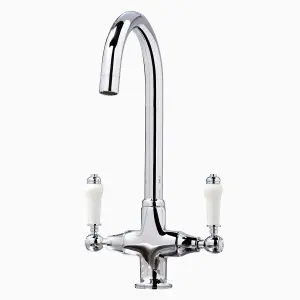 Twin Lever Traditional Mono Kitchen Sink Mixer Brass Tap Spout Ceramic Handle