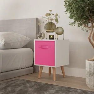 URBNLIVING 50cm Height Dark Pink 1-Drawer White Cube Shelving Unit with Scandinavian Beech Legs