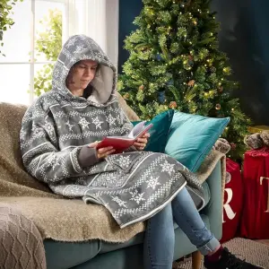 Celebright Oversized Christmas Themed Sherpa Wearable Hoodie Unisex Nordic Grey - Adult