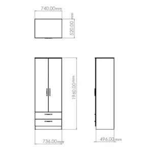 San Jose Ready assembled Contemporary Black 2 Drawer Tall Double Wardrobe (H)1960mm (W)740mm (D)520mm