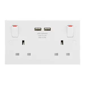 BG White Double 13A Raised square Switched Screwed Socket with USB, x2 & White inserts