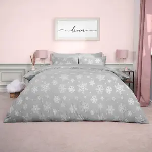 Snowflake Teddy Fleece Duvet Cover Bedding Winter Christmas, Grey - Double