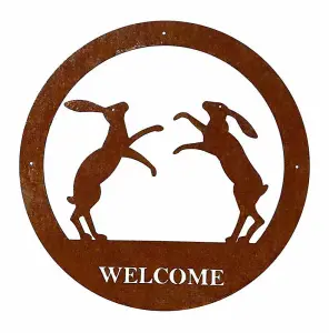 Boxing Hare Welcome Wall Art - Small - Steel - W29.5 x H29.5 cm - Bare Metal/Ready to Rust