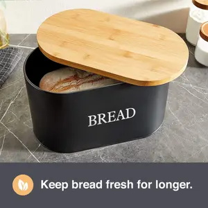 VonShef Bread Bin with Bamboo Lid for Cutting/Chopping Bread Board - Matte Black Bread storage box - Bread Holder Tin for Kitchen