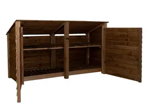 Wooden log store (roof sloping back) with door and kindling shelf W-227cm, H-126cm, D-88cm - brown finish