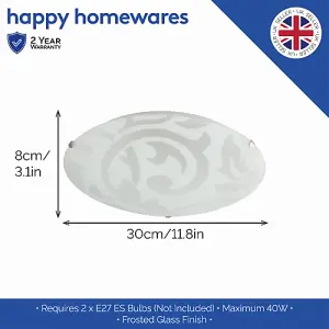 Traditional Frosted White Floral Circular Glass IP20 Flush Ceiling Light Fitting