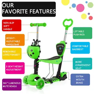 Children's Scooter with Removable Seat, Flashing LED Wheels, Height-Adjustable, aged 3 and over