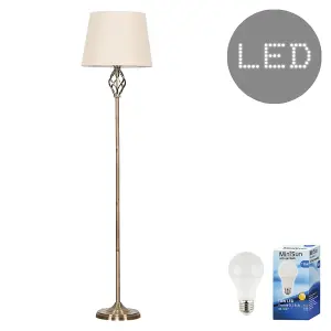 ValueLights Memphis Antique Brass Barley Twist Floor Lamp with Beige Tapered Light Shade - with LED GLS Bulb in Warm White