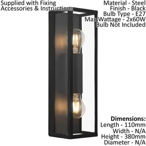 Wall Light Colour Black Shade Clear Glass Metal Box Frame Bulb E27 2x60W