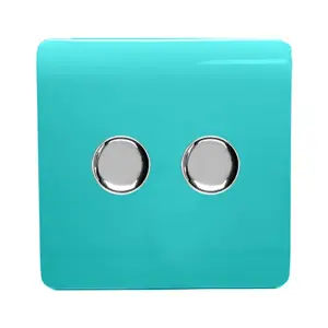 Trendi Switch 2 Gang 1 or 2 way 150w Rotary LED Dimmer Light Switch in Bright Teal