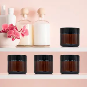 8 Pack Amber Glass Jars 60ml with Lids, Spatula & Liner - UV Protected Travel Cosmetic Pots for Cream, Ointment, & More