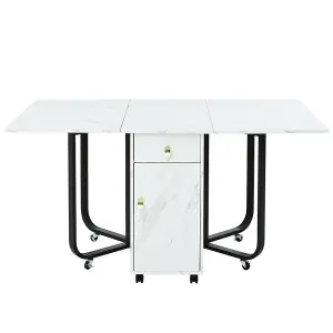 Folding Dining Table (1 Piece) with Cupboard and 2 Drawers, Space-saving Table with 4 Supporting Legs on Gliders (White/Gold) 