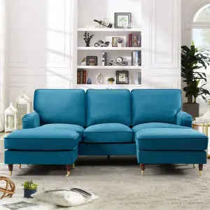 Woodbury 218cm Wide U-Shaped Teal Velvet Fabric Corner Sofa Walnut Colour Legs with Brass Coloured Wheel