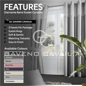 GC GAVENO CAVAILIA Aviv Ring Top Diamante Light Reducing Eyelet Curtain Luxurious Thermal Insulated Curtains Silver 90x90 Cm