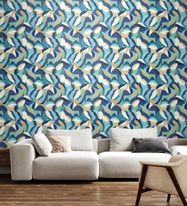 Hoopla Walls Leafy  Patchwork Indigo Mix Smooth Matt Wallpaper